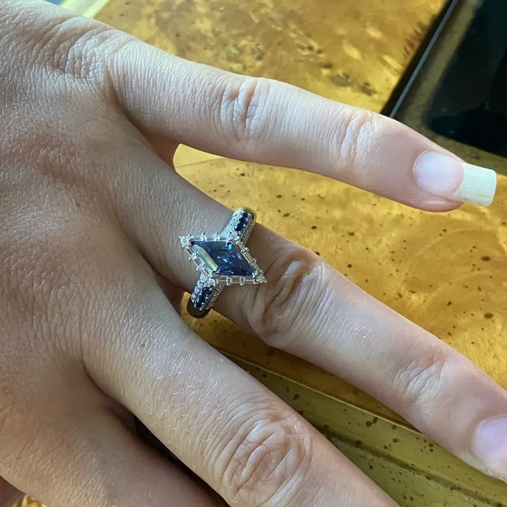 Authentic Blue Moissanite Sterling Silver Ring Size 8